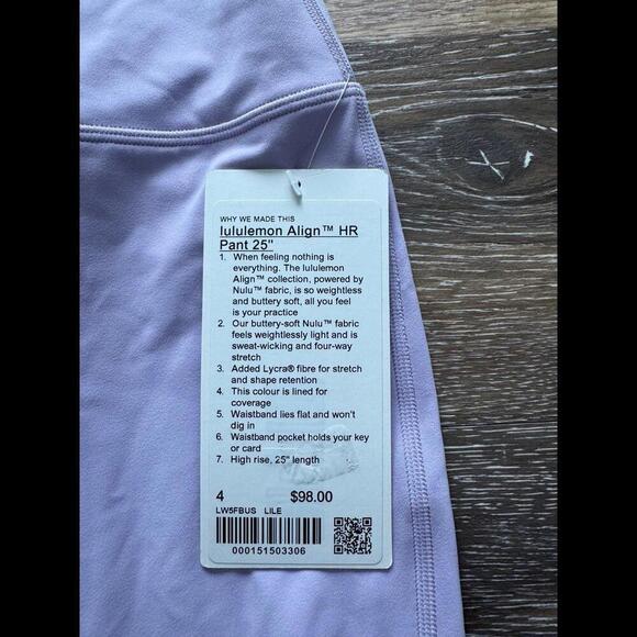 Lululemon Align High Rise 25” Lilac Ether Double Lined Size 4 NWT - Picture 4 of 7